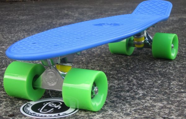 Blue board with green wheels