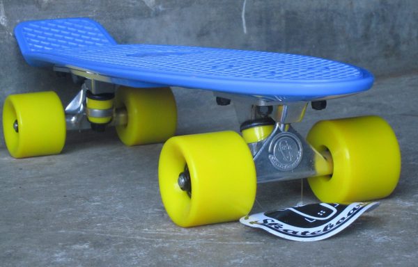 Blue board with yellow wheels